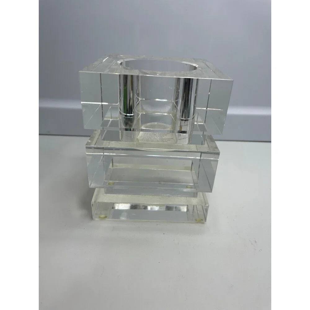 heavy mcm style WILLIAMS-SONOMA CLEAR CRYSTAL BLOCK square CANDLE HOLDER